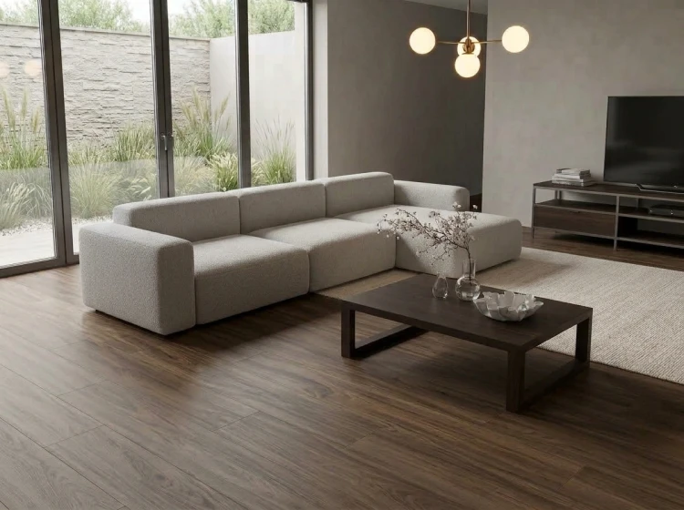 Gres drewnopodobny CORTINA AVANA 20x120 w przestronnym, nowoczesnym wnętrzu z dużymi oknami