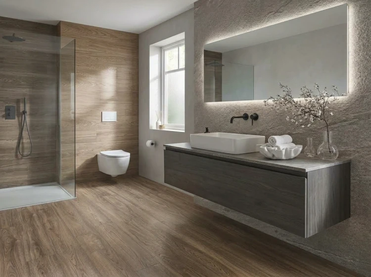 Brązowy gres drewnopodobny CORTINA AVANA 20x120 w nowoczesnej łazience.