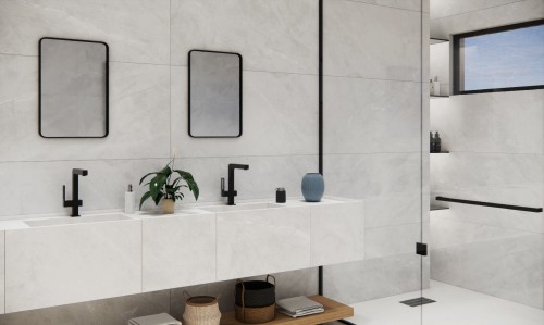 ISEA PEARL 60x120 Prissmacer – jasny perłowy gres w nowoczesnej aranżacji łazienkowej z umywalkami i jasną zabudową