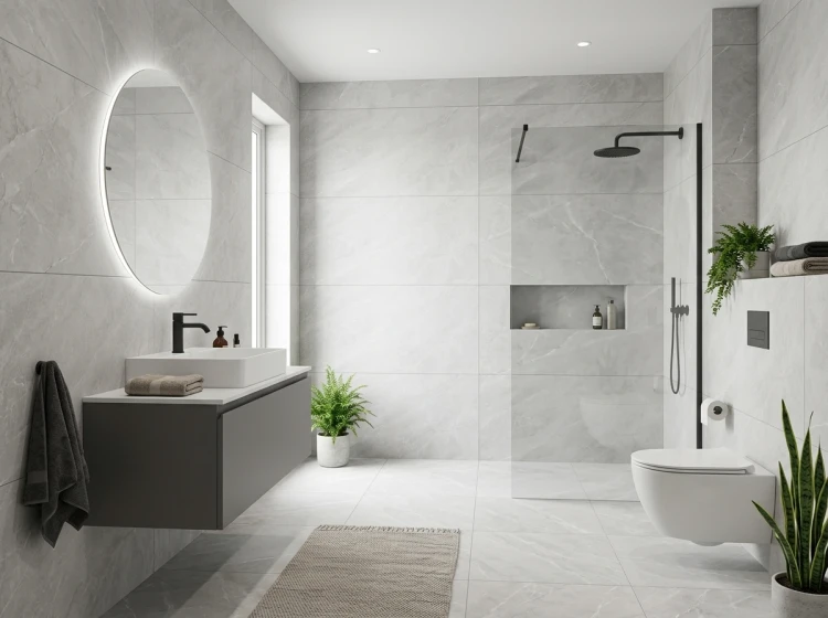 Gres ISEA PEARL 60x120 w jasnej łazience kabiną prysznicową i minimalistycznym wyposażeniem