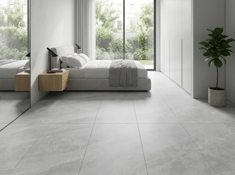 Gres ISEA PEARL 60x120 na podłodze w jasnej sypialni z dużymi oknami i neutralną zabudową