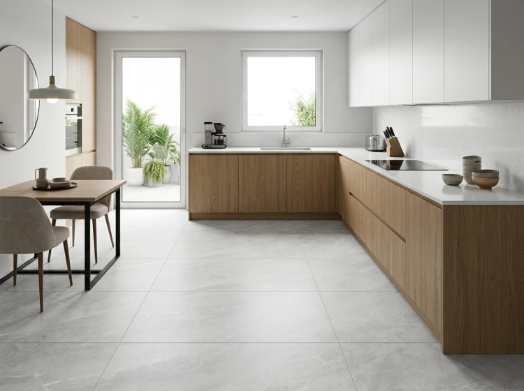 ISEA PEARL 60x120 – perłowo-szara podłoga w nowoczesnej kuchni z drewnianą zabudową