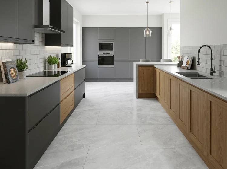 Jasny gres ISEA PEARL 60x120 w nowoczesnej kuchni z ciemną i drewnianą zabudową