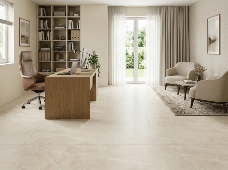 Gres ISEA SAND 60x120 w jasnym gabinecie biurowym z ciepłą zabudową i naturalną kolorystyką