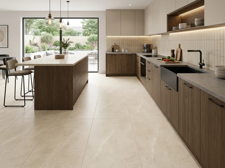 Gres ISEA SAND 60x120 na podłodze w nowoczesnej kuchni z wyspą i ciemniejszą zabudową