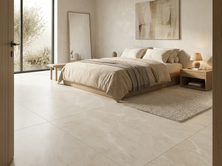 Gres ISEA SAND 60x120 w eleganckiej sypialni utrzymanej w ciepłej, neutralnej kolorystyce