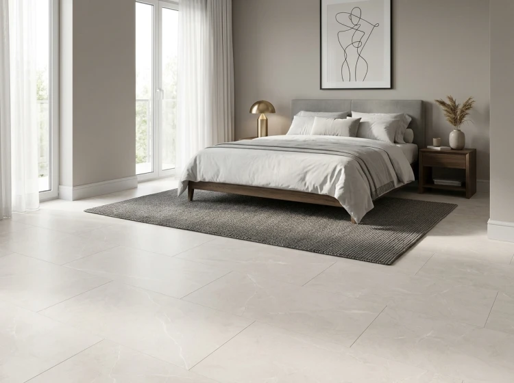 ISEA WHITE 60x120 – jasna matowa podłoga z gresu w minimalistycznej sypialni