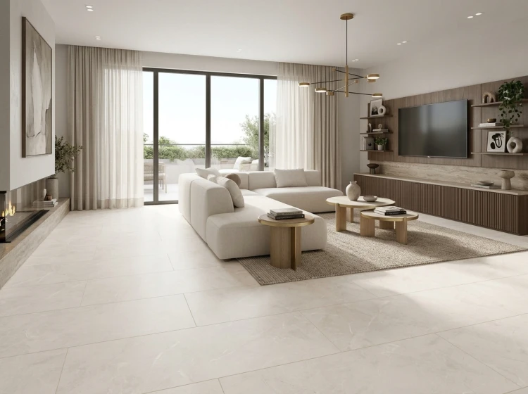 Jasny gres ISEA WHITE 60x120 na podłodze w nowoczesnym salonie z niską sofą i dużymi oknami