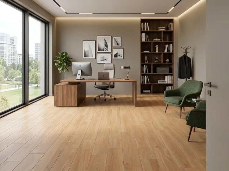 CALDO FUOCO 20x120 – ciepła drewnopodobna podłoga w nowoczesnym biurze z dużymi przeszkleniami