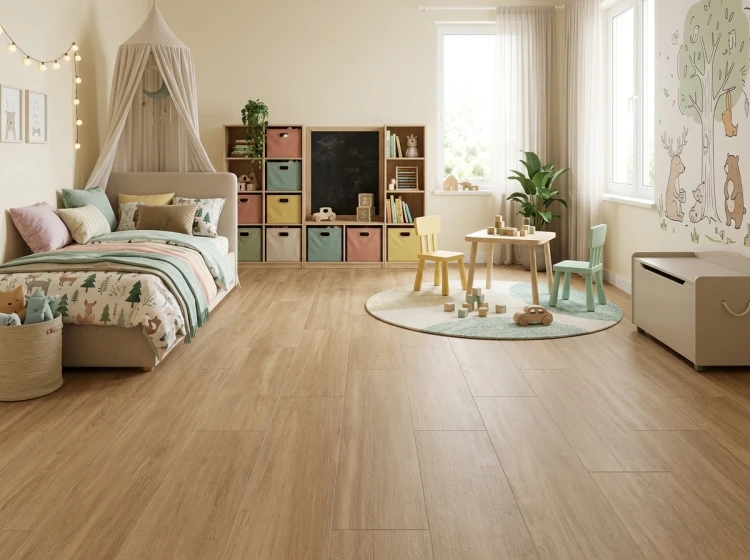 Przestronny, jasny pokój dla dziecka w estetyce soft minimalism z ułożonym na podłodze gresem ALESSANDRIA CAMEL Prissmacer